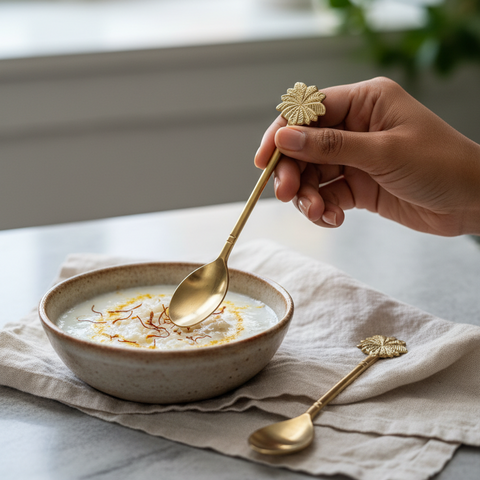 Person using a decorative gold spoon to drizzle syrup over a bowl of porridge on a marble surface.