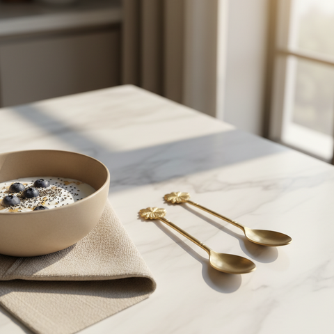 Beige bowl with a spoonful of cereal on a marble surface with gold spoons.