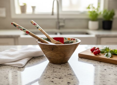 Wooden bowl with colorful interior on a kitchen counter, surrounded by kitchen utensils and ingredients.