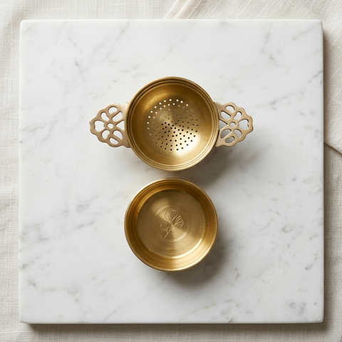 Lotus Pour Brass Tea Strainer Set with Catch Bowl
