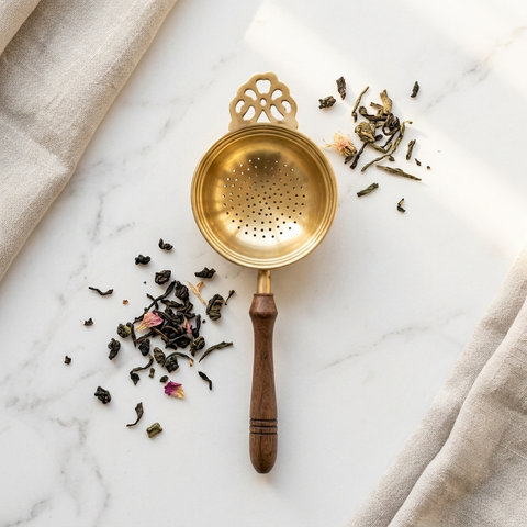 Brass Tea Strainer with Carved Wooden Handle
