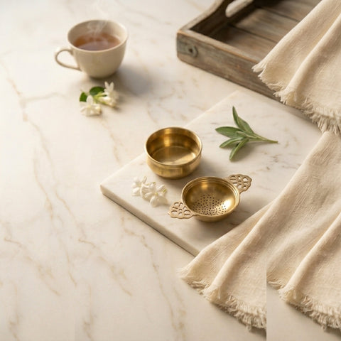 Brass tea strainer and cup on a marble surface with a wooden tray and fabric.