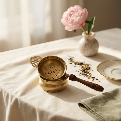 Gold tea strainer with wooden handle on a white cloth with a pink flower in the background.