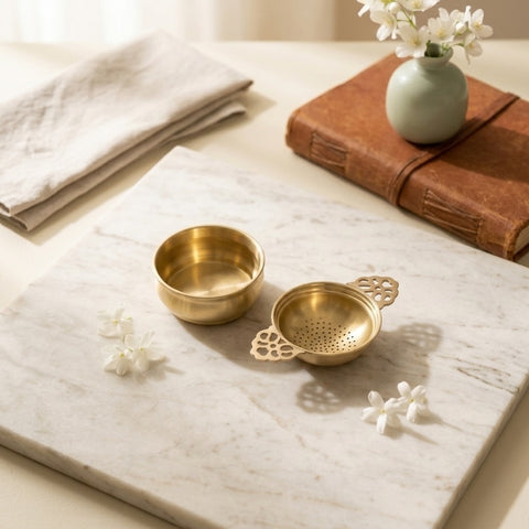 Brass tea strainer and bowl on a marble surface with a book and flowers in the background