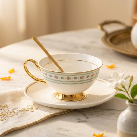 Teacup with gold trim on a saucer with a wooden spoon, placed on a marble surface with decorative elements.