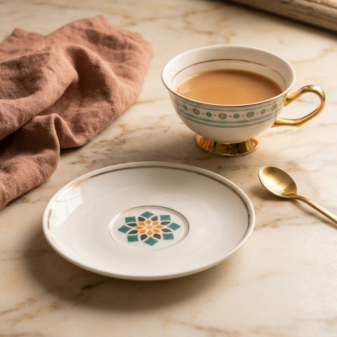Teacup with saucer and spoon on a marble surface