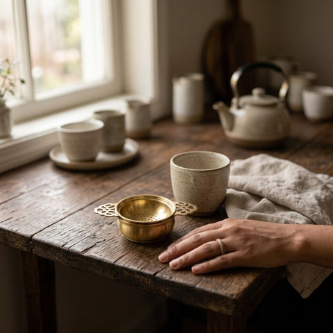 Ceramic cups and a teapot on a wooden table with a person's hand reaching out.