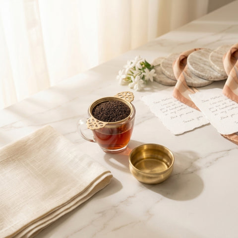 Tea cup with gold accents on a marble surface with a white napkin and floral arrangement.