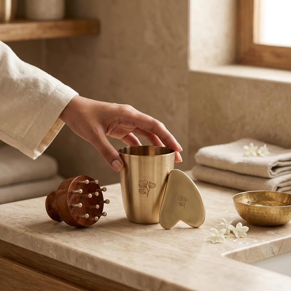 The Art of Self Care set: engraved kansa cup, kansa gua sha and acacia wood scalp massager