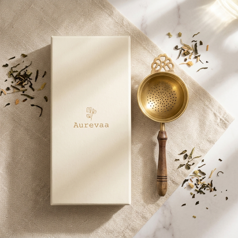 Brass Tea Strainer with Carved Wooden Handle