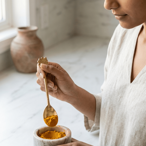 Person holding a brass dessert spoon with turmeric powder over a small bowl in a bright room.