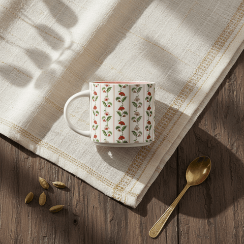 Blossom vine floral ceramic coffee mug  on a wooden table with a cloth and spoon