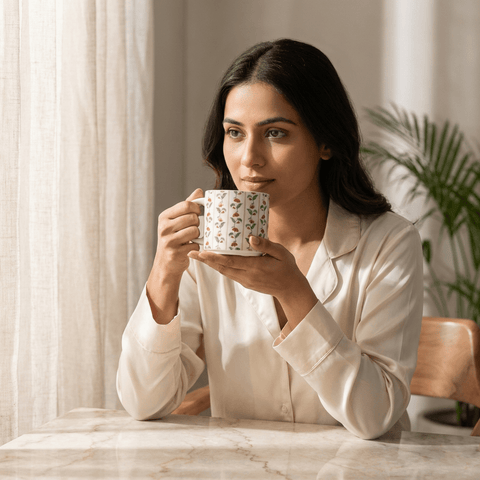 Woman holding a blossom vine floral ceramic coffee mug in a cozy indoor setting
