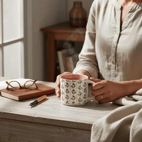 Person holding a  blossom vine floral ceramic coffee mug on a wooden table with books and glasses.