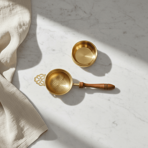 Brass tea strainer with a finely perforated bowl and carved natural wood handle
