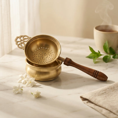 Close-up of the perforated brass bowl on the tea strainer