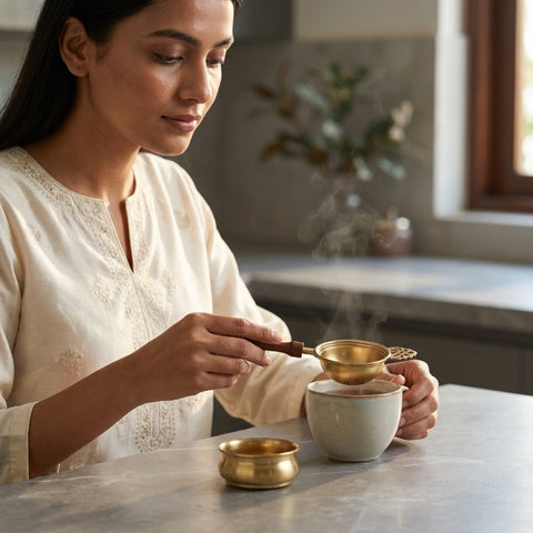 Brass Tea strainer with handle shown straining chai over a cup