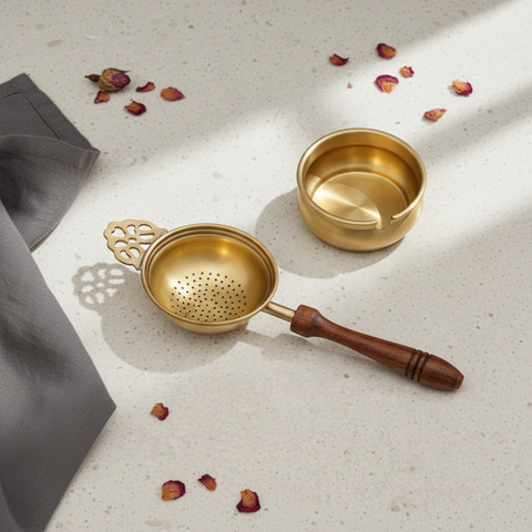 Brass Tea strainer with wooden handle on a light surface with scattered rose petals