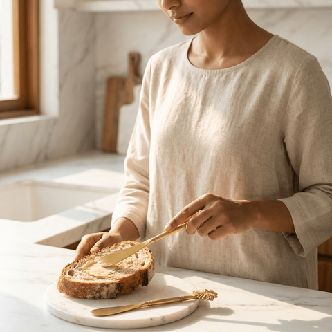Person spreading butter on a slice of bread using a brass butter knife