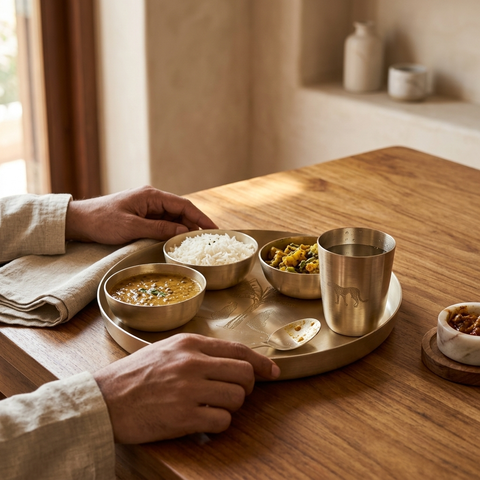 A styled dining scene shows a brass serving tray with bowls of food, a metal cup, and a spoon on a wooden table, with a person's hands holding the tray. The setting is warm and rustic with beige walls and shelves in the background.