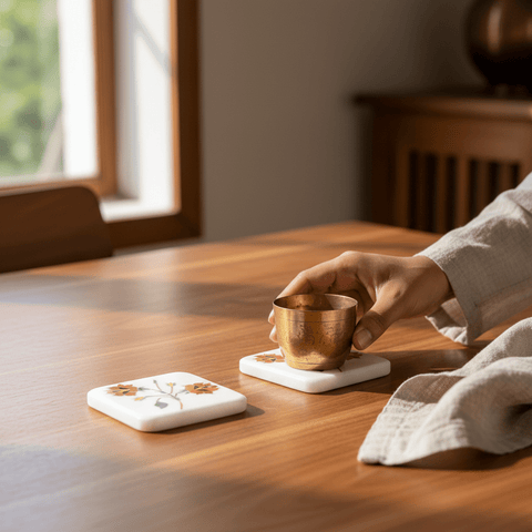 Person placing her cup on a marble coaster set with floral inlays. 