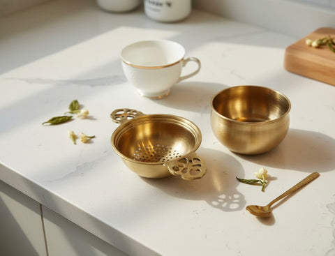 Lotus Pour Brass Tea Strainer Set