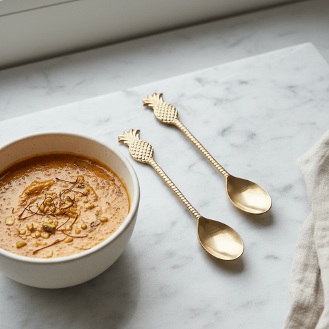 Two gold pineapple-shaped brass spoons on a marble surface next to a bowl of soup.