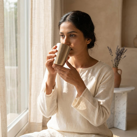 Woman drinking from a mug in a cozy room with soft lighting