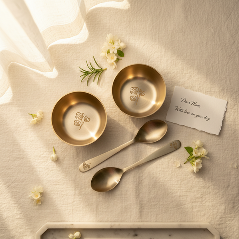 Two gold bowls and two spoons on a textured surface with flowers and a card.