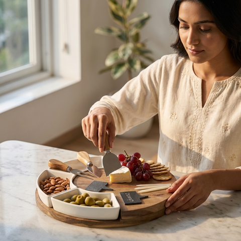 Woman arranging food on a wooden charcuterie board with various items.