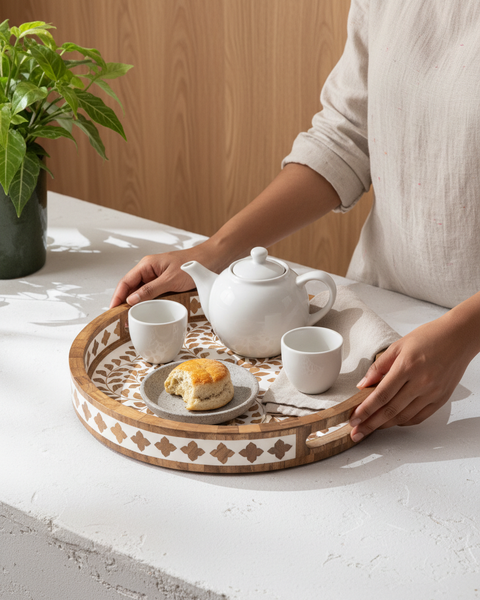 Person holding a tray with a teapot and tea cups on a light surface.