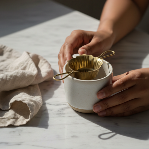 Person holding a white ceramic cup with a gold strainer on a marble surface