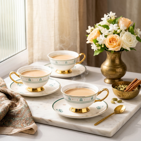 Three white ceramic teacups with gold bases and handles, decorated with delicate green floral patterns, are arranged on a white marble tray. The cups are filled with tea and set on matching saucers.