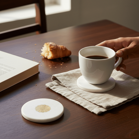Person holding a white mug of coffee that is placed on a  white marble coaster with brass inlay