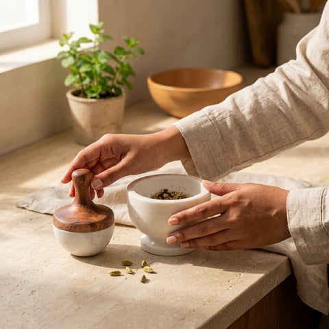 Person using a white marble mortar and pestle set on a kitchen counter with a plant in the background