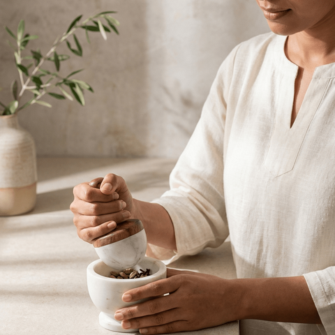 Person grinding spices in a white marble mortar and pestle set